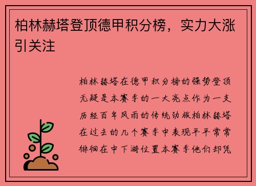 柏林赫塔登顶德甲积分榜，实力大涨引关注