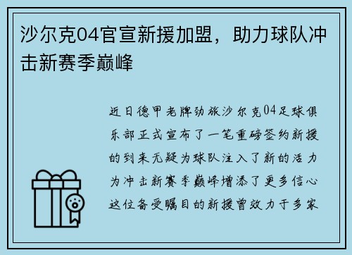沙尔克04官宣新援加盟，助力球队冲击新赛季巅峰